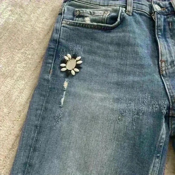 Zara High Rise Denim Blue Sparkly Bead Rhinestones Jewellery Distressed Size 4 - Picture 4 of 8